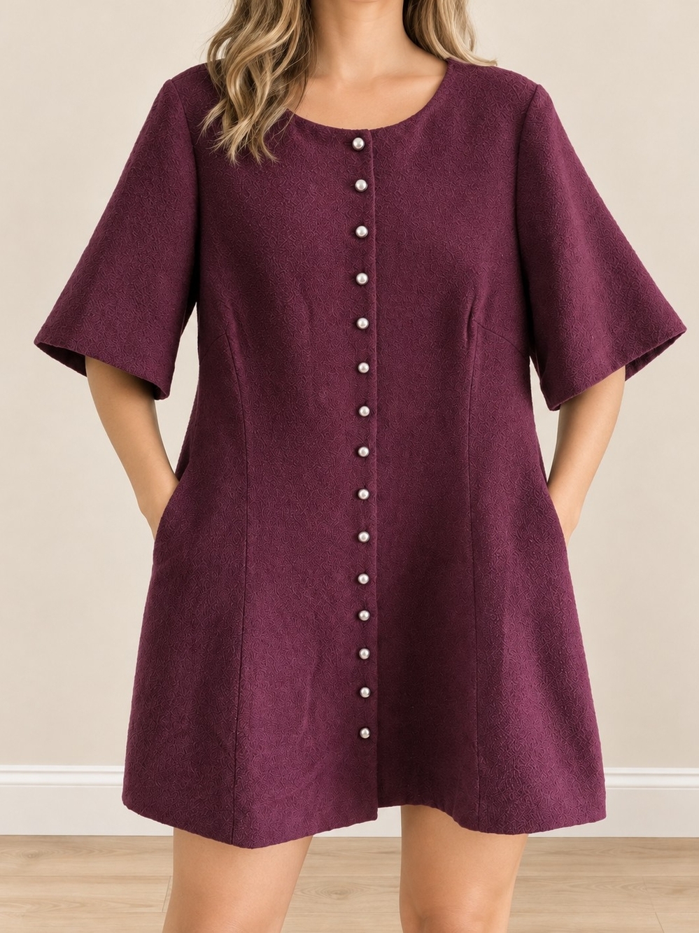 H&M Plum Pearl-Button A-Line Dress